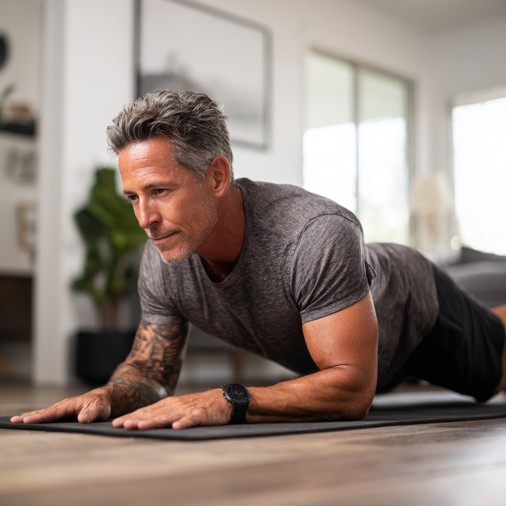 focused man in his forties performing functional exercises at home