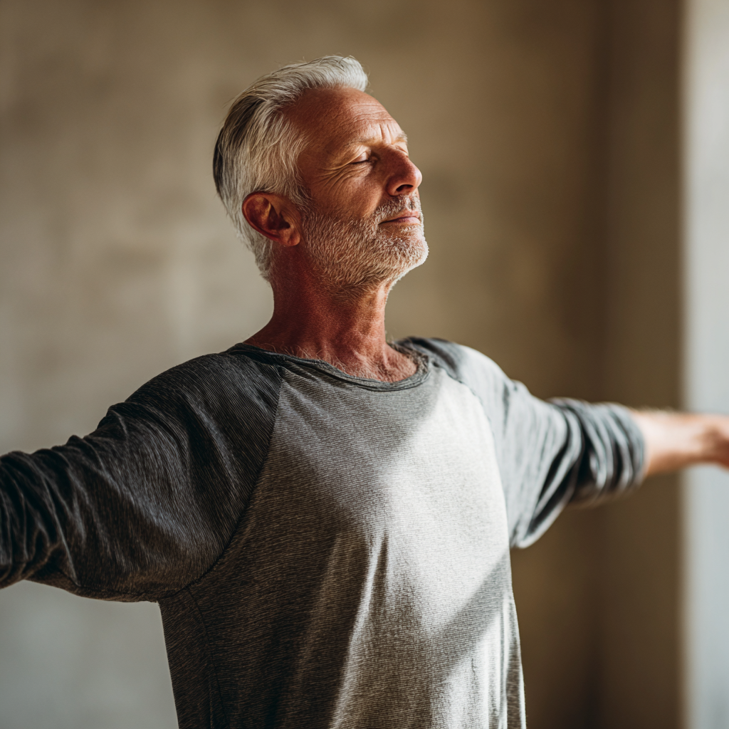 mature man practicing controlled movement in a calm indoor environment